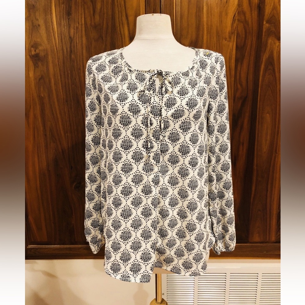 NWT Gibson Printed Blouse Long Sleeve Tie Neck Top Black White Size S